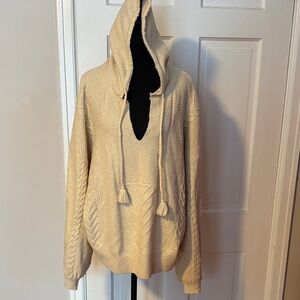 Industry Women's Cream Cable Knit Hoodie V-neck w Drawstring Sweater Size XL